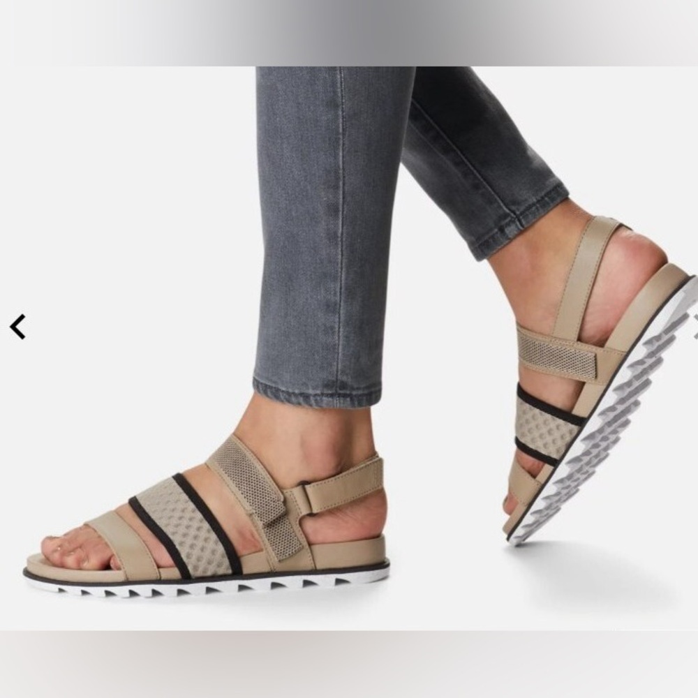 Sorel Roaming Decon Slingback Sandals Taupe Gray Leather Mesh Strappy Size 8